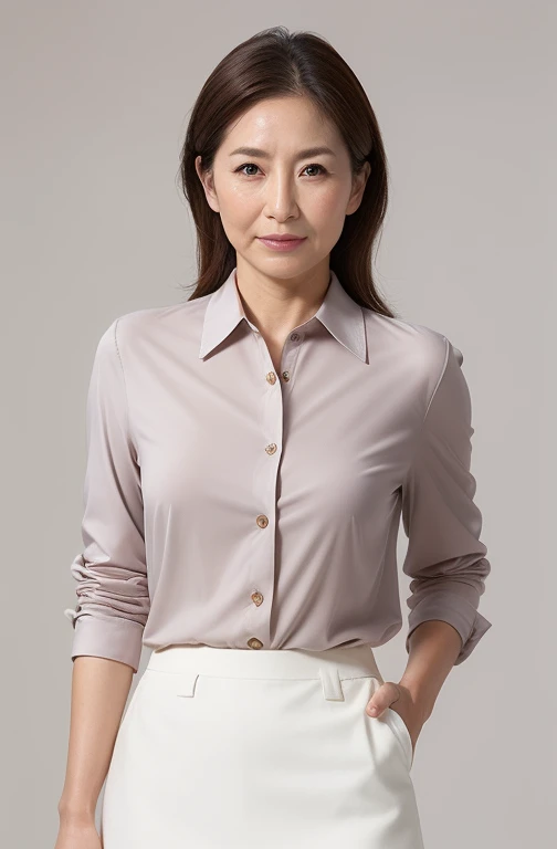 High resolution, High-level image quality, High definition, masterpiece, Rough skin, Anatomically correct, sharp,
Gray background,
((Japanese Mature, 90 years old)), One person, ((Facial wrinkles)), Shapely big breasts, Straight light brown hair that reaches the shoulders, Chubby body type, Mouth closed and serious face,
(((Standing upright and looking at the viewer))),
(White blazer, Transparent collared buttoned shirt, White Skirt, Panties, bra),
Beautiful knees, ((Cowboy Shot))
