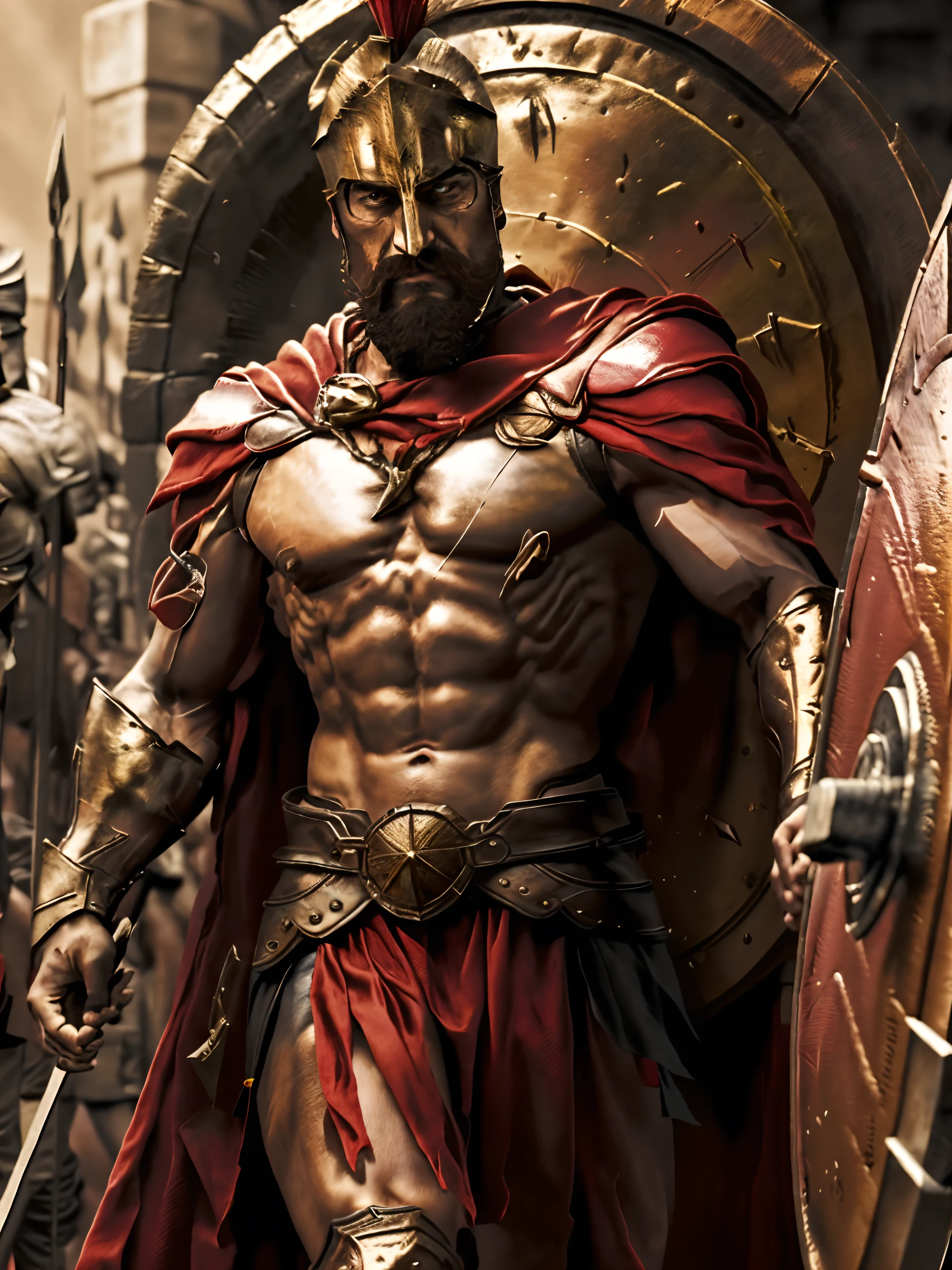 8 k quality, ultra high detailed, extremely high quality, spartan, King Leonidas, holding a shield and a spear, red cloak, mad look, glow effects