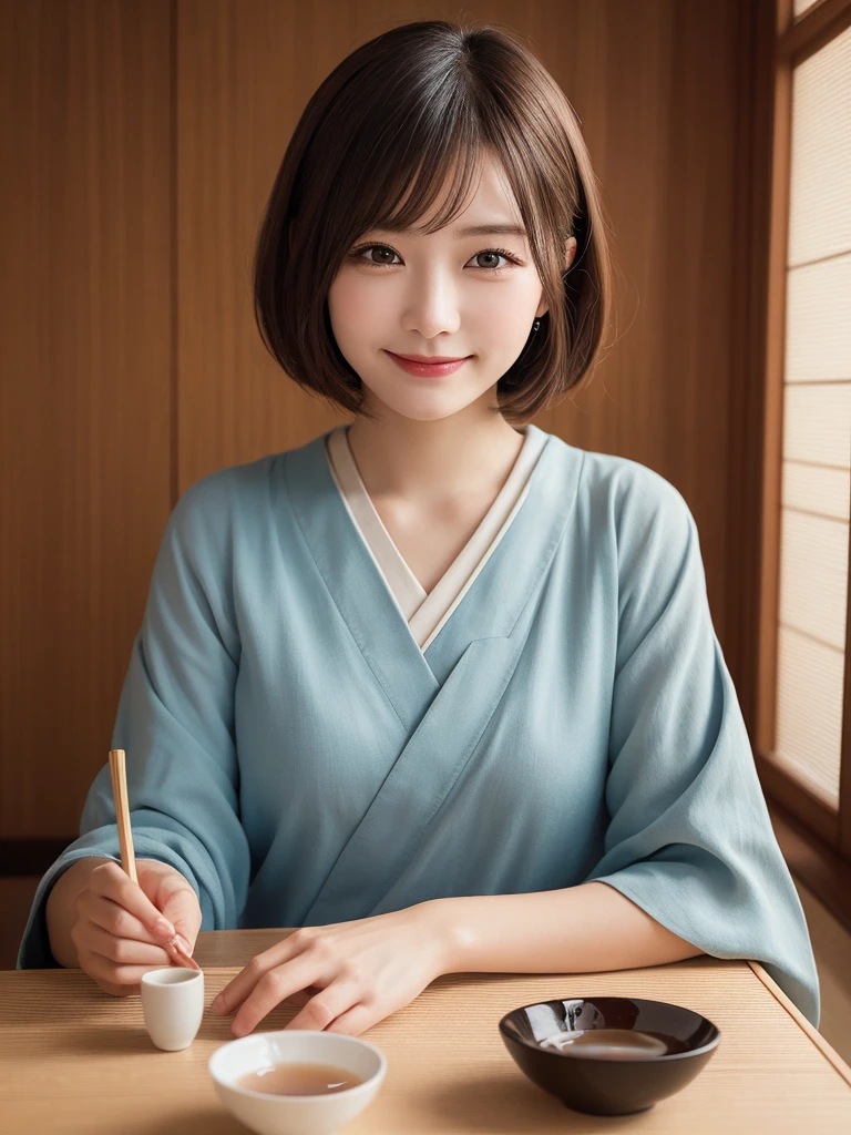 masterpiece, best quality, illustration, ultra-detailed, finely detailed, high resolution, 8K wallpaper, perfect dynamic composition, beautiful detailed eyes, traditional japanese tea ceremony, short hair, peaceful expression, cute, smile, looking at camera