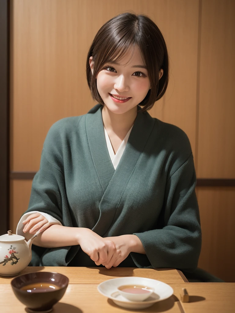 masterpiece, best quality, illustration, ultra-detailed, finely detailed, high resolution, 8K wallpaper, perfect dynamic composition, beautiful detailed eyes, traditional japanese tea ceremony, short hair, peaceful expression, cute, smile, looking at camera