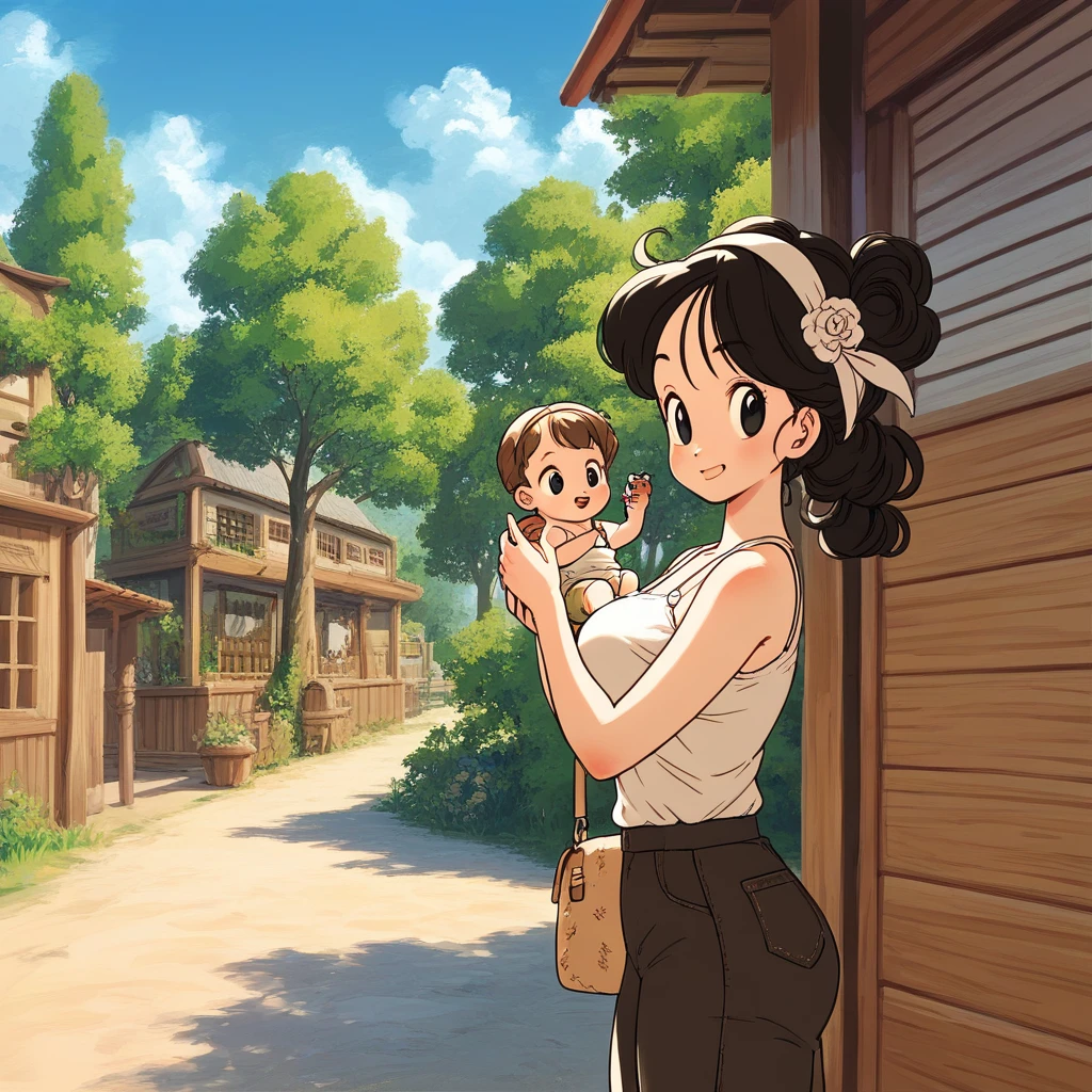 {{masterpiece, best quality, Extremely detailed CG, Unity 8K wallpaper, light}}, Traditional Chinese ink painting, 1 Girl, 1 , Young woman holding a babyole body, Ancient buildings, Blue sky, sunny, Wooden construction, Prominent protagonist, Smile, big eyes, Beautiful and delicate eyes, (Large Breasts, cleveage), Round butt, Looking at the audience, Long eyelashes,