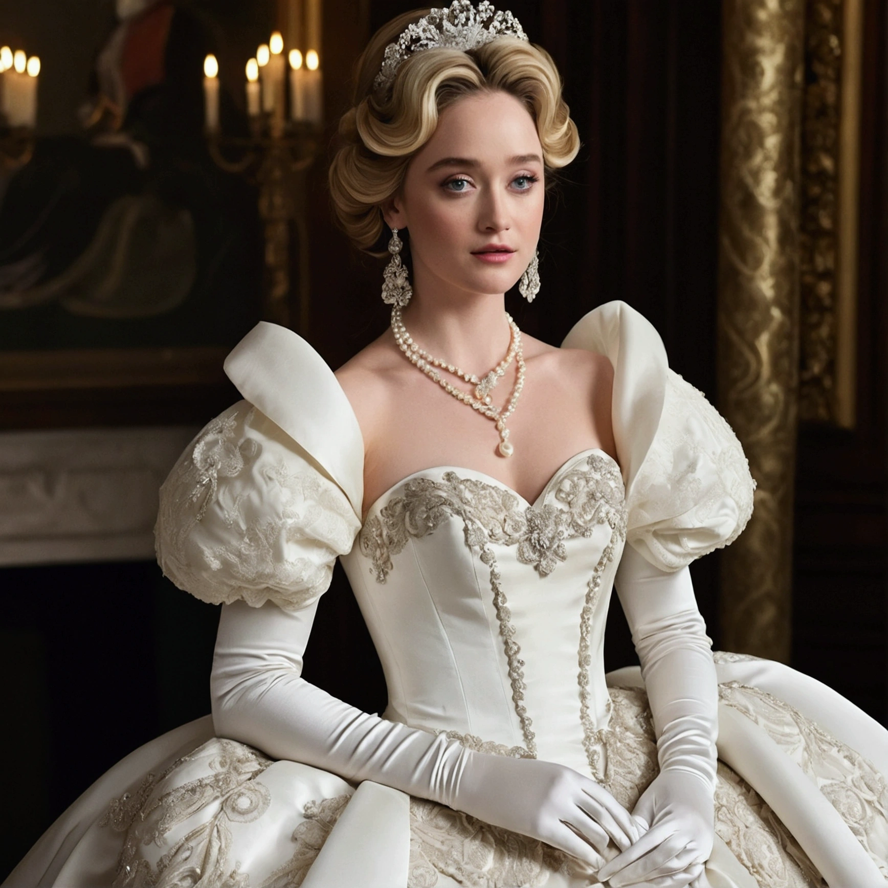 Best quality, Masterpiece, a stunningly beautiful Greer Grammer as a royal bride wearing a stately and elaborate royal wedding dress of white satin and tulle adorned with huge ribbon bows, lace, frills, flounces, embroidery and jewels, with enormous puffed sleeves, an hourglass waist and a voluminous crinoline hoopskirt, bustle, and train, long white gloves, pearl necklace and earrings, elaborately curled and styled hair