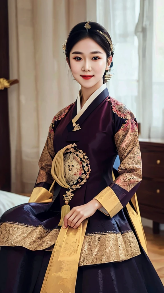 woman wearing dangui,waist up portrait,sweet smile,updo,extremely detailed clothes,masterpiece,8k,trending on pixiv,highest quality,