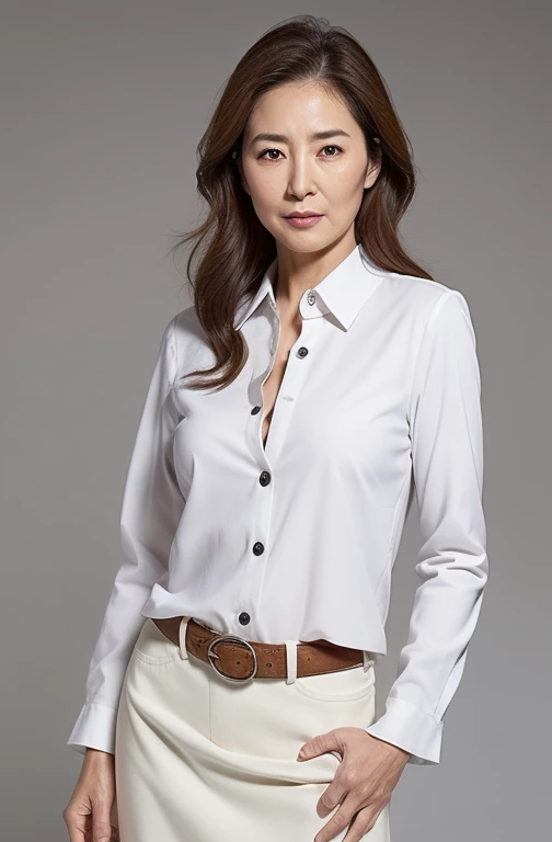 High resolution, High-level image quality, High definition, masterpiece, Rough skin, Anatomically correct, sharp,
Gray background,
((Japanese Mature, 90 years old)), One person, ((Facial wrinkles)), Shapely big breasts, Straight light brown hair that reaches the shoulders, Chubby body type, Mouth closed and serious face,
(((Standing upright and looking at the viewer))),
(White blazer, Transparent collared buttoned shirt, White Skirt, ),
Beautiful shins, ((Cowboy Shot))