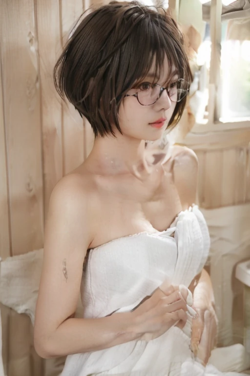 Highest quality、masterpiece、High sensitivity、High resolution、Detailed Description、Slender women、Glasses、Short Hair、One bath towel、Wrap around the body、