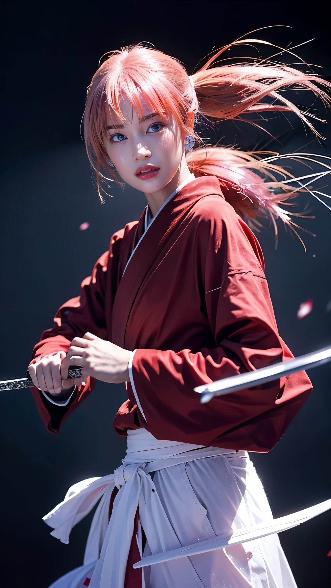 "Rurouni Kenshin",
Moment of enthusiasm, Bold,
Capturing the essence of her fiery determination and indomitable spirit,She explodes in rage,Strongly conveys the raw power of Kenshin's rage,Emphasis on the intensity of the scene,The woman is in a determined stance,
Action with a straight sword in hand,
Long hair, Ponytail, ((pink hair color)),((red eyes)),Bright red lipstick,
Katana,Holding a sword in hand,
Cross sign on left cheek,
High quality, Realistic,
20-year-old female,
She wears a red kimono with an intricate pattern,Paired with a white hakama,
The lighting is realistic, (Masterpiece+Top quality+High resolution+Very detailed), (Full body:1.2),Symmetrical,One cut,