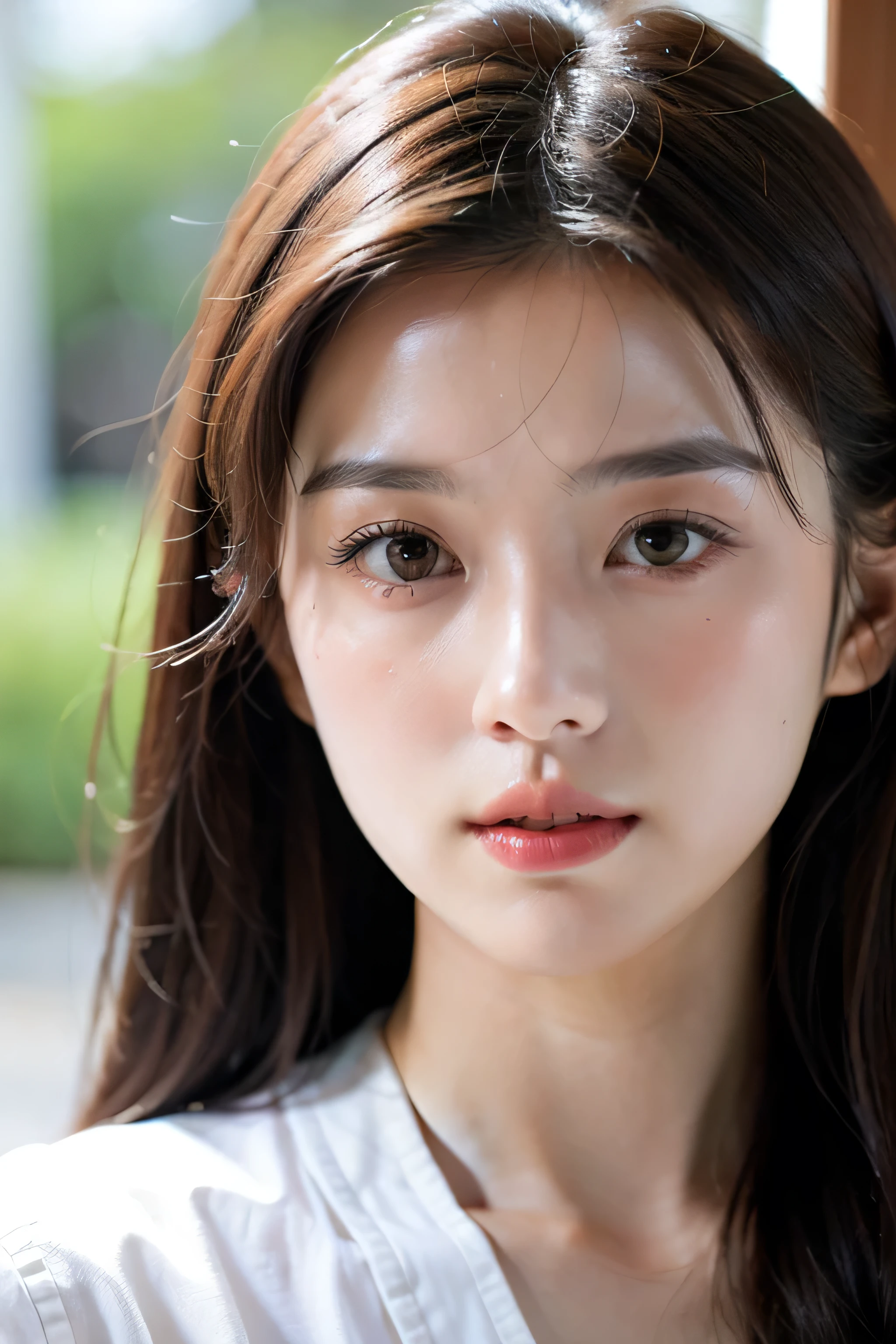 Close up of woman with long hair and white shirt, face, Wenpei yes, young cute white asian face, Korean female actresses, Yasumoto Oka, Gemma Chen, Shentong Chen, Ruanjia is pretty!, cute korean actress, cold, kimi takemura, Heiselian Yanfang, Southeast Asian with a round face, Rainy glass window background,