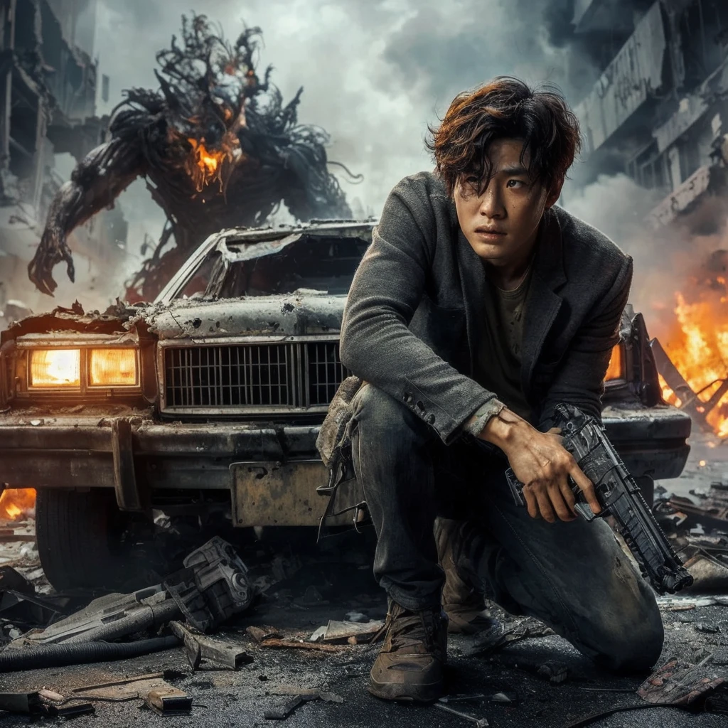 Crouching behind the wreckage car, a terrified handsome Korean man with short curly wavy hair with toy similar gun clutches her knees.background is a huge creature in a decaying abandoned city with flame and smoke. Dramatic scenes. Action movies. extreme detail, photorealistic, masterpiece, depth of field, HDR.