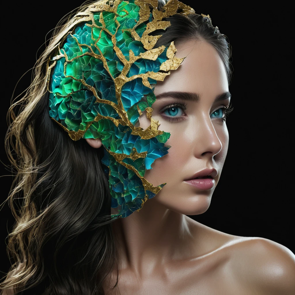 side view xray neon (kintsugi face:1.5) (torn paper body:1.5) chiaroscuro woman (translucent glowing brain:1.5), (grey-blue eyes:1.4), vibrant, candid cinema, 16mm, remarkable color, ultra realistic, shot with cinematic camera, (neon fractal strands green-gold glow:1.5), subsurface scattering, shadows, red sidelight, short neck, (long flowing hair:1.5) sophistication. cinematic lighting, masterpiece, 8k, ultra-detailed, hyper-realistic, photorealistic
