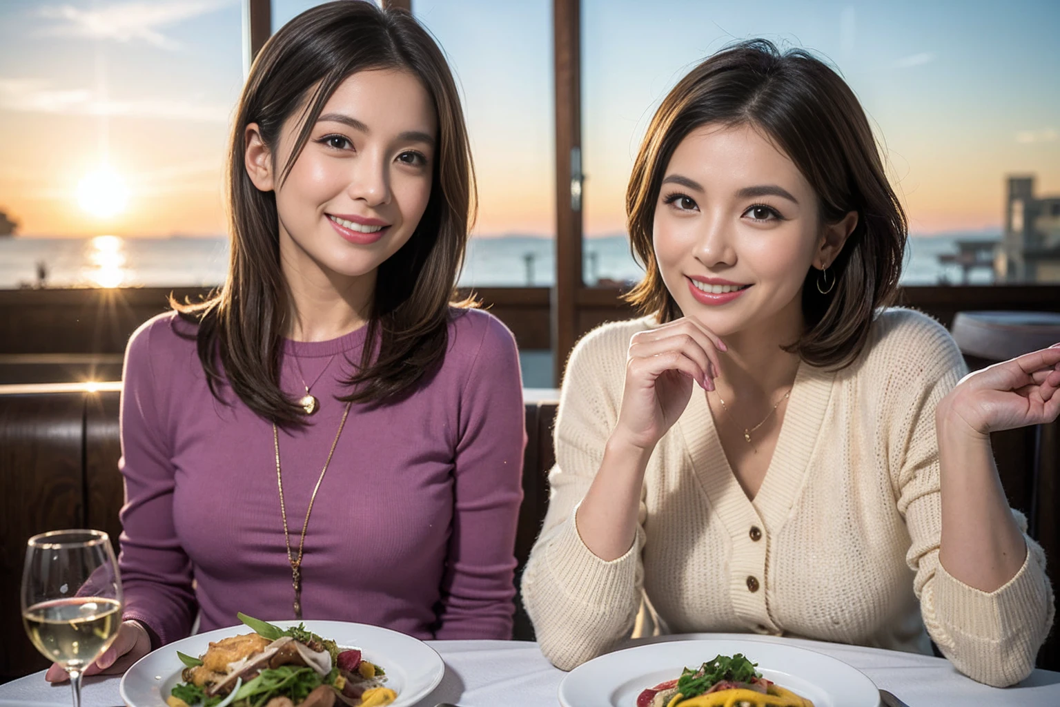 (Realistic:1.1),(masterpiece,Highest quality),8k,(49 years old), 53 years old, slimカップル、Model Couple、actress/actor、Tight waist,Upper Body,full-course dinner、wine 、Amazing view of the sunset sky and clouds、Perfect Anatomy, Brown Hair, short hair,Random Hairstyles,((Highly detailed face and eyes:1.2)),きれいなactressさん,Perfect golden ratio face,Long sleeve shirt、dress,(smile:1.2)、Shortcuts、cute、(Realistic, Intricate details:1.2), A bright smile、short hair,Bright Face、赤wine 、Appetizers、Italian food、wine bottle、Champagne、スパークリングwine、(slimな顔), (The body is slim), (Brown Hair), (Shortcuts), Upper Body, 白wine, slim, wineグラス,