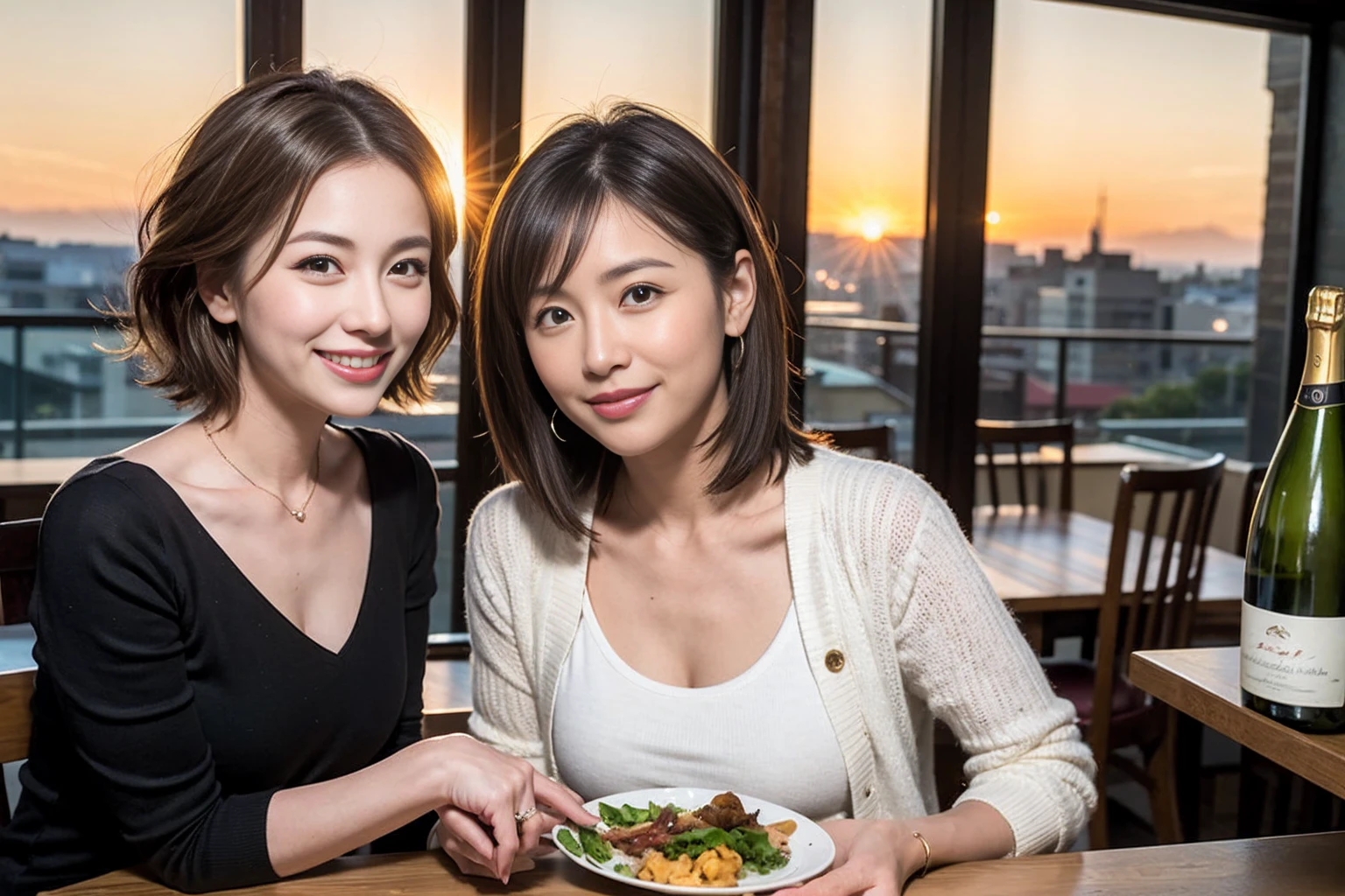 (Realistic:1.1),(masterpiece,Highest quality),8k,(49 years old), 53 years old, slimカップル、Model Couple、actress/actor、Tight waist,Upper Body,full-course dinner、wine 、Amazing view of the sunset sky and clouds、Perfect Anatomy, Brown Hair, short hair,Random Hairstyles,((Highly detailed face and eyes:1.2)),きれいなactressさん,Perfect golden ratio face,Long sleeve shirt、dress,(smile:1.2)、Shortcuts、cute、(Realistic, Intricate details:1.2), A bright smile、short hair,Bright Face、赤wine 、Appetizers、Italian food、wine bottle、Champagne、スパークリングwine、(slimな顔), (The body is slim), (Brown Hair), (Shortcuts), Upper Body, 白wine, slim, wineグラス,
