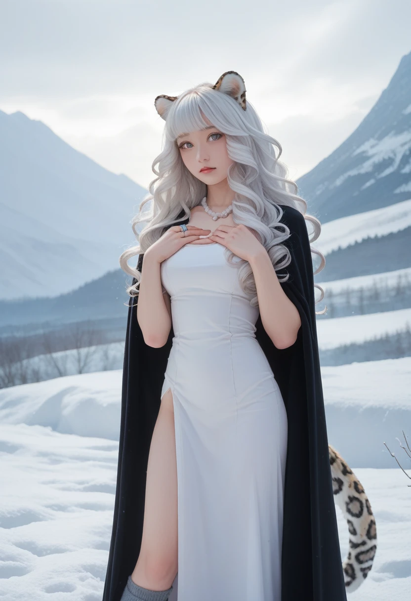 (masterpiece, best quality:1.2),1 Girl, Upper Body,Tail, large Tail, White hair, Very long hair, curls, Gray eyes, deTailed eyes, Colorful hair, ring, Bead necklace, Animal ears, Leopard ears, Black cape, White Dress, - Hip vents, Pelvic Curtain, Grey knee-length socks, snow, snow mountains, snowstorm, Volumetric Lighting, Subsurface scattering, light, Chiaroscuro, Flowing hair, Place your hands on your chest