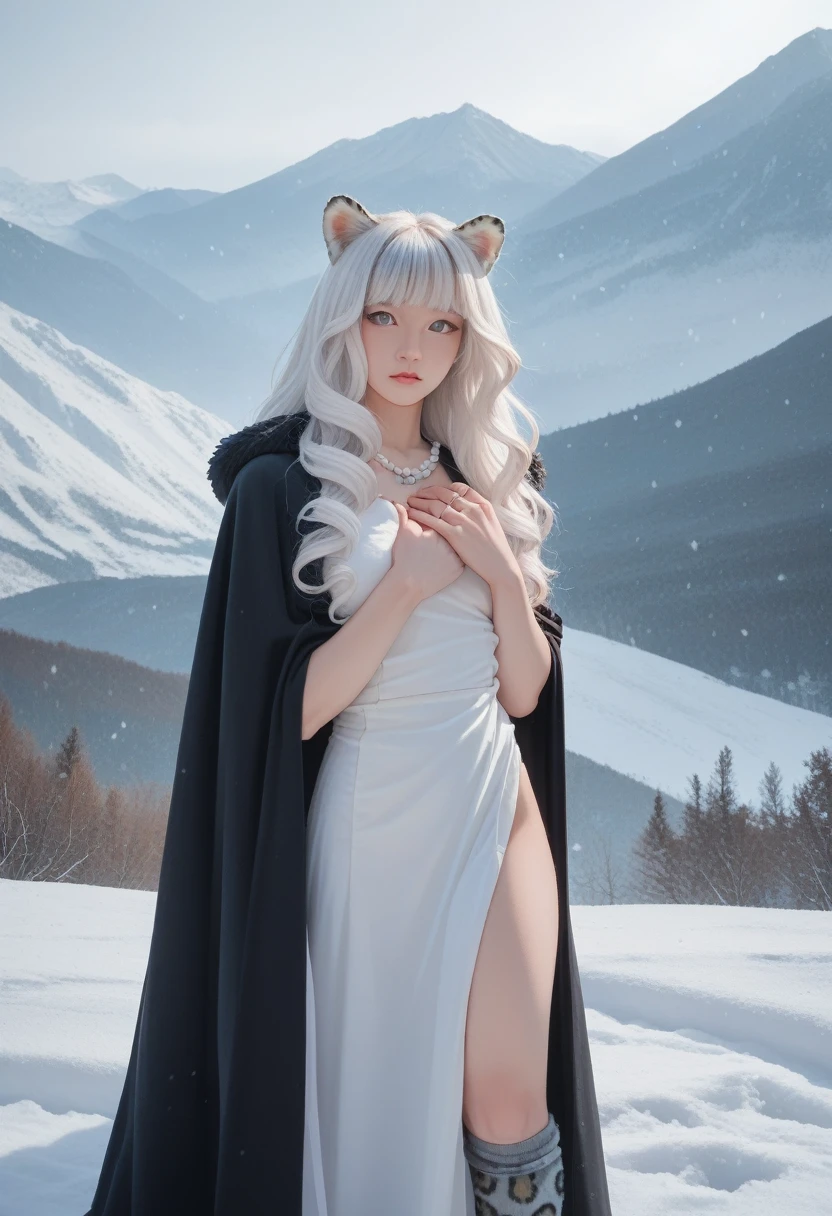 (masterpiece, best quality:1.2),1 Girl, Upper Body,Tail, large Tail, White hair, Very long hair, curls, Gray eyes, deTailed eyes, Colorful hair, ring, Bead necklace, Animal ears, Leopard ears, Black cape, White Dress, - Hip vents, Pelvic Curtain, Grey knee-length socks, snow, snow mountains, snowstorm, Volumetric Lighting, Subsurface scattering, light, Chiaroscuro, Flowing hair, Place your hands on your chest