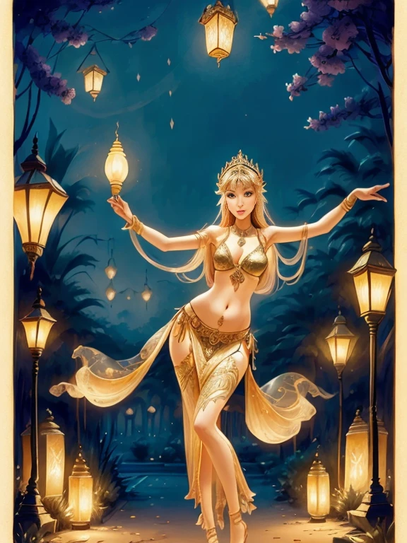 beautiful belly dance in the evening oriental garden, long slender legs, lanterns, bright, neon, golden arabesques, ink drawing, edging, watercolor, shabby chic, Boris Valeggio style