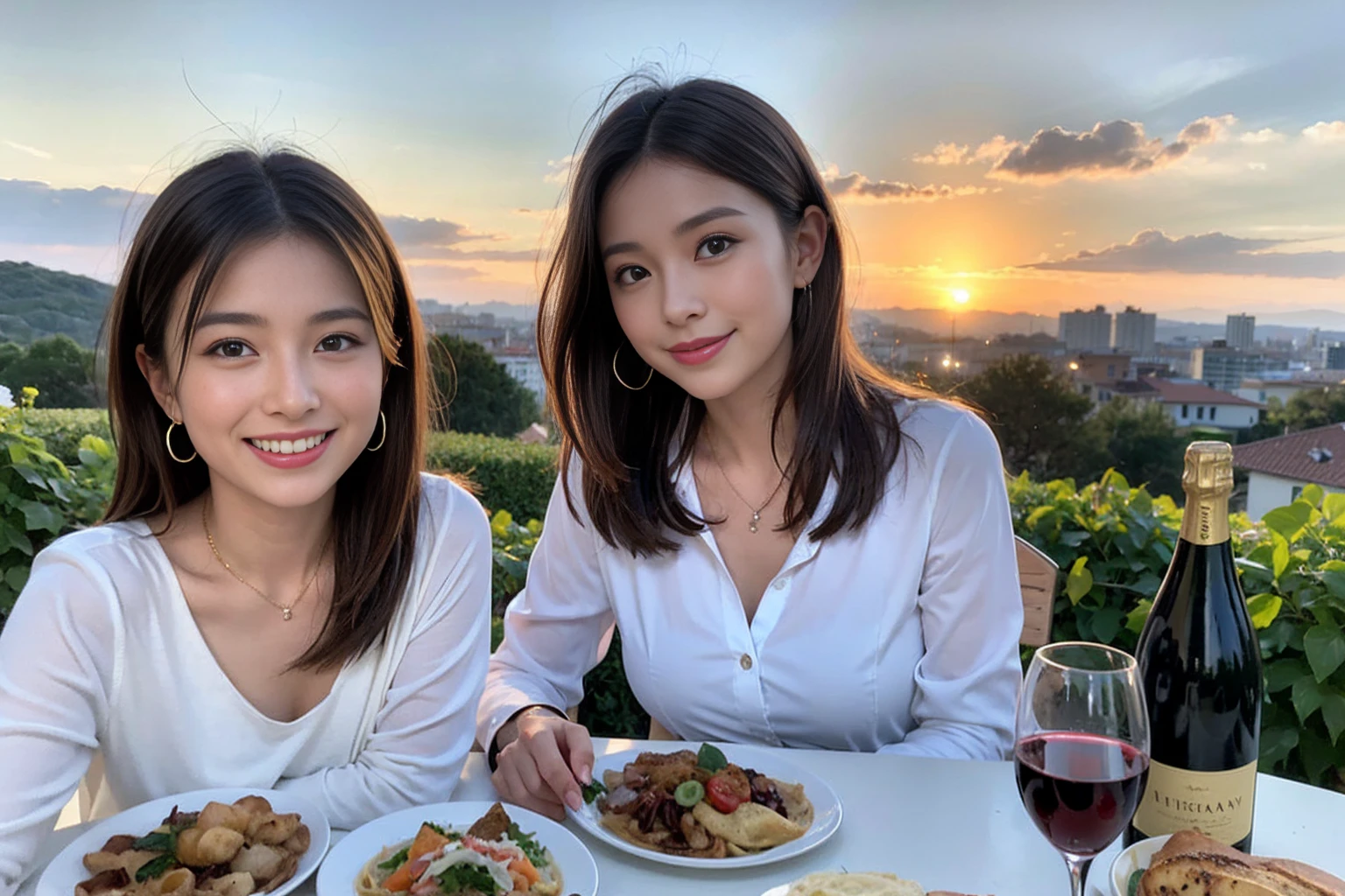 (Realistic:1.1),(masterpiece,Highest quality),8k,(49 years old), 53 years old, slimカップル、Model Couple、actress/actor、Tight waist,Upper Body,full-course dinner、wine 、Amazing view of the sunset sky and clouds、Perfect Anatomy, Brown Hair, short hair,Random Hairstyles,((Highly detailed face and eyes:1.2)),きれいなactressさん,Perfect golden ratio face,Long sleeve shirt、dress,(smile:1.2)、Shortcuts、cute、(Realistic, Intricate details:1.2), A bright smile、short hair,Bright Face、赤wine 、Appetizers、Italian food、wine bottle、Champagne、スパークリングwine、(slimな顔), (The body is slim), (Brown Hair), (Shortcuts), Upper Body, 白wine, slim, wineグラス,