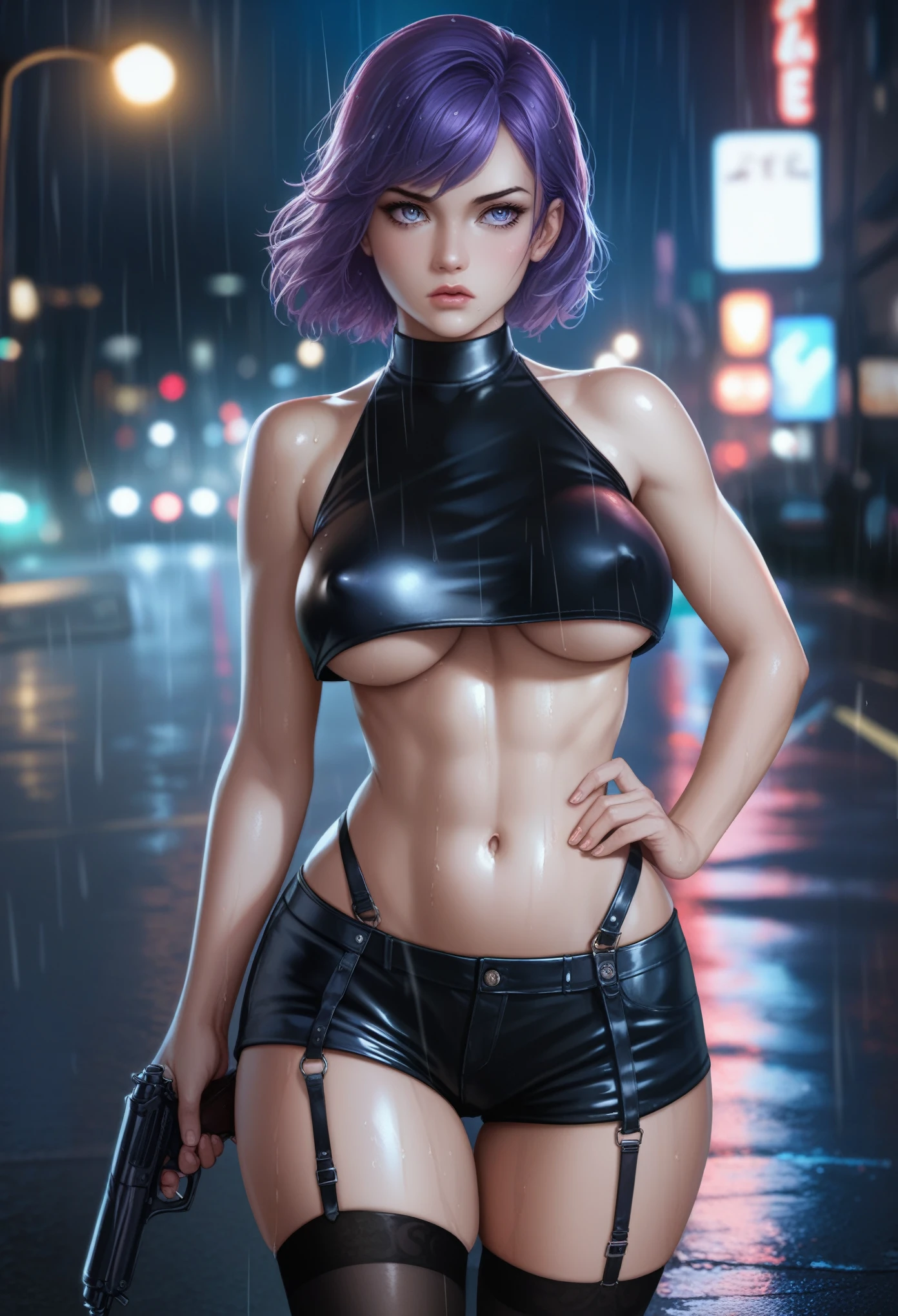 Masterpiece, anime realistic art, dynamic angle, slender toned build, pale skin, striking purple hair, shiny detailed eyes, tight black leather outfit with numerous straps and buckles ,cropped top that exposes her midriff , pair of short shorts with garter belts attaching to thigh-high stockings,rainy street, asphalt, white back light, night ,wet, underboobs ,gun, gangster , looking at viewer , covered erect nipples , hugged from behind,1boy