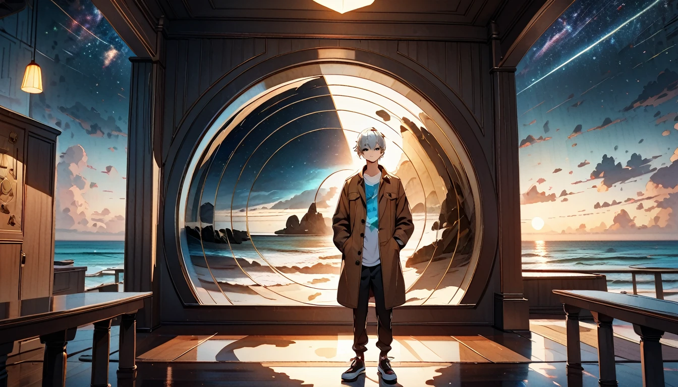 Starry Sky, After the Rain, horizon , In the sky,Lens flare, colorful,coat,Put your hands in your pockets,(student, 18-year-old, JK, Her short silver hair sways, Pale skin, Lack of eye sparkle) Looking up at the sky, Beautiful sky, There is an ocean,White Street,The scenery is beautiful, 広いLooking up at the sky, I see the wind blowing and shining, In the sky there is a noon moon and a noon star,From below, BREAK ,quality(8k,Highly detailed CG unit wallpaper, masterpiece,High resolution,top-quality,top-quality real texture skin,surreal,Increase the resolution,RAW Photos,highest quality,Very detailed,wallpaper,Cinema Lighting,Ray Tracing,Golden Ratio),Have a long-term perspective