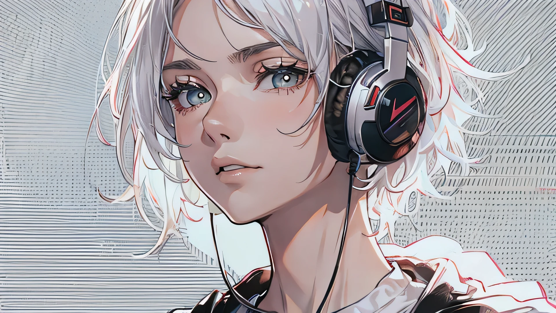 ２０A calm woman in her late twenties、Silver Hair、short hair、Put on some cool headphones,{{{{{{{{ Black hoodie oversized }}}}}}}},Beautiful and delicate golden eyes,thought,Black clothes,