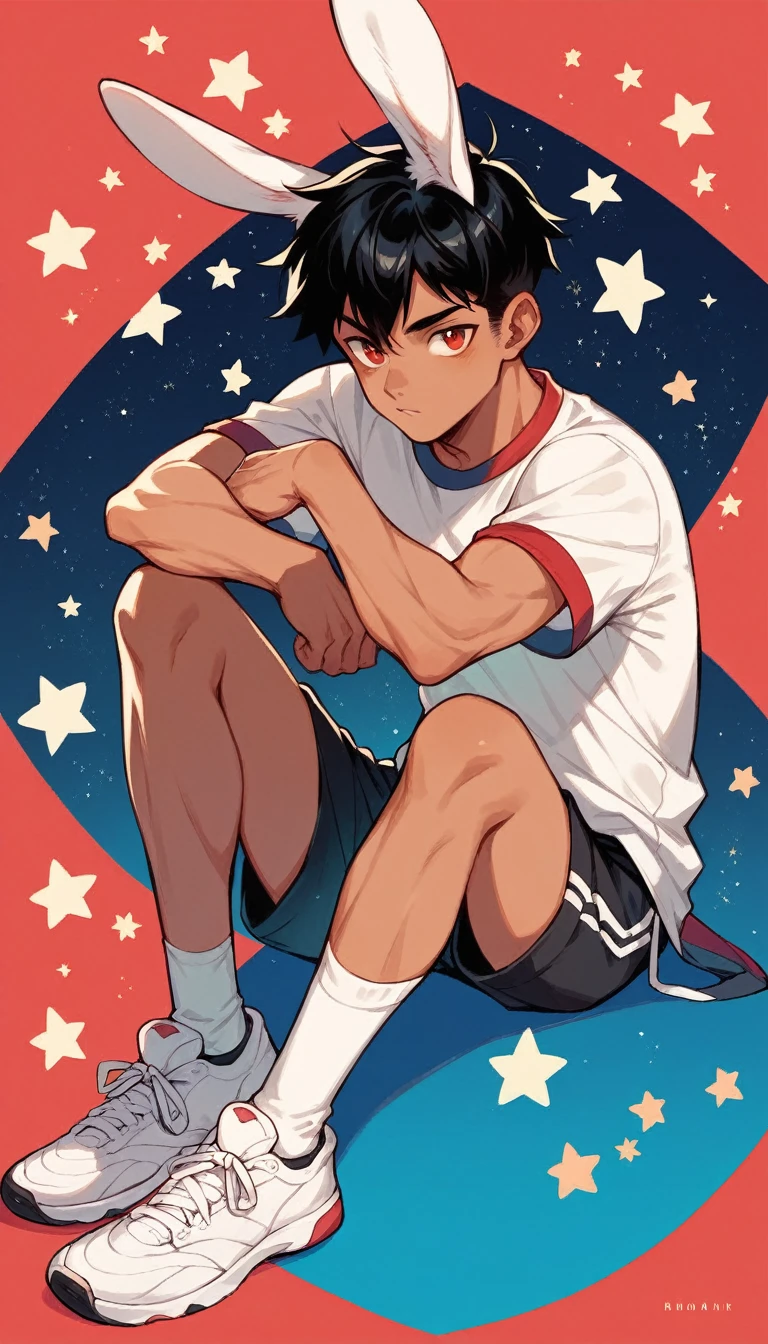 Handsome boy,Black Hair,Tanned skin,Rabbit ears,Sportswear,Slim body,sit,He has a pair of warm red eyes,Stars background,White socks,White sneakers