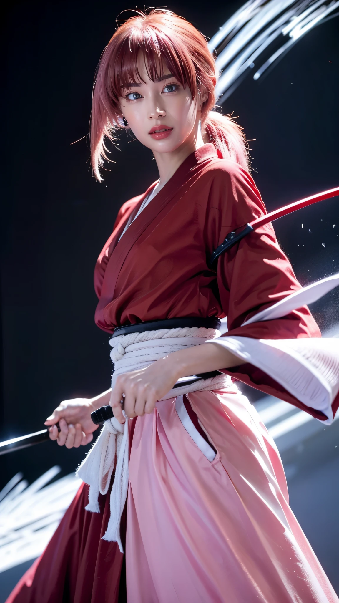 "Rurouni Kenshin",
Moment of enthusiasm, Bold,
Capturing the essence of her fiery determination and indomitable spirit,She explodes in rage,Strongly conveys the raw power of Kenshin's rage,Emphasis on the intensity of the scene,The woman is in a determined stance,
Action with a straight sword in hand,
Long hair, Ponytail, ((pink hair color)),((red eyes)),Bright red lipstick,
Katana,Holding a sword in hand,
Cross sign on left cheek,
High quality, Realistic,
20-year-old female,
She wears a red kimono with an intricate pattern,Paired with a white hakama,
The lighting is realistic, (Masterpiece+Top quality+High resolution+Very detailed), (Full body:1.2),Symmetrical,One cut,