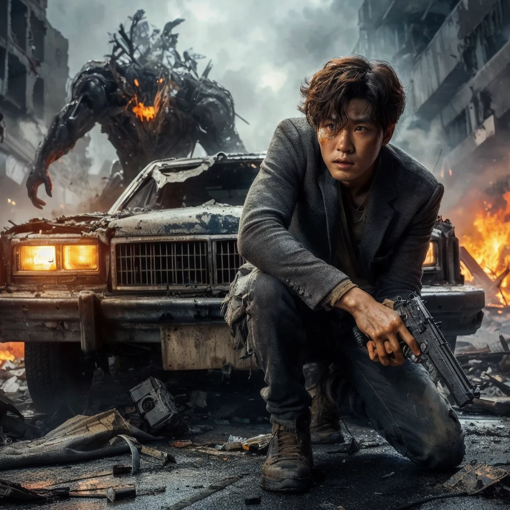 Crouching behind the wreckage car, a terrified handsome Korean man with short curly wavy hair with toy similar gun clutches her knees.background is a huge creature in a decaying abandoned city with flame and smoke. Dramatic scenes. Action movies. extreme detail, photorealistic, masterpiece, depth of field, HDR.