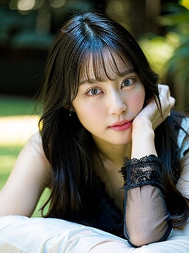 ((masterpiece)), (Realistic: 1.2) masterpiece, 最high quality, high quality,White skin, 最high quality, Super detailed,mature,beautiful, Black Hair, Long Hair, With bangs,,Big Breasts ,Over the knee socks,10th Generation,Fascinating,feet,Full body pose, Very detailed,High resolution, Lips parted