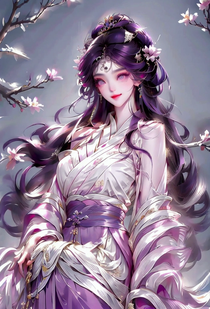 Bright purple Taoist robe, Hanfu long skirt, big eyes, masterpiece absolute beauty, 1 woman, close-up. Close-up, healing smile, snow scene, 4K picture quality, twisted braid, princess hairstyle princess cut, simple hair accessories, plum blossoms, people can't forget the beauty when they see it