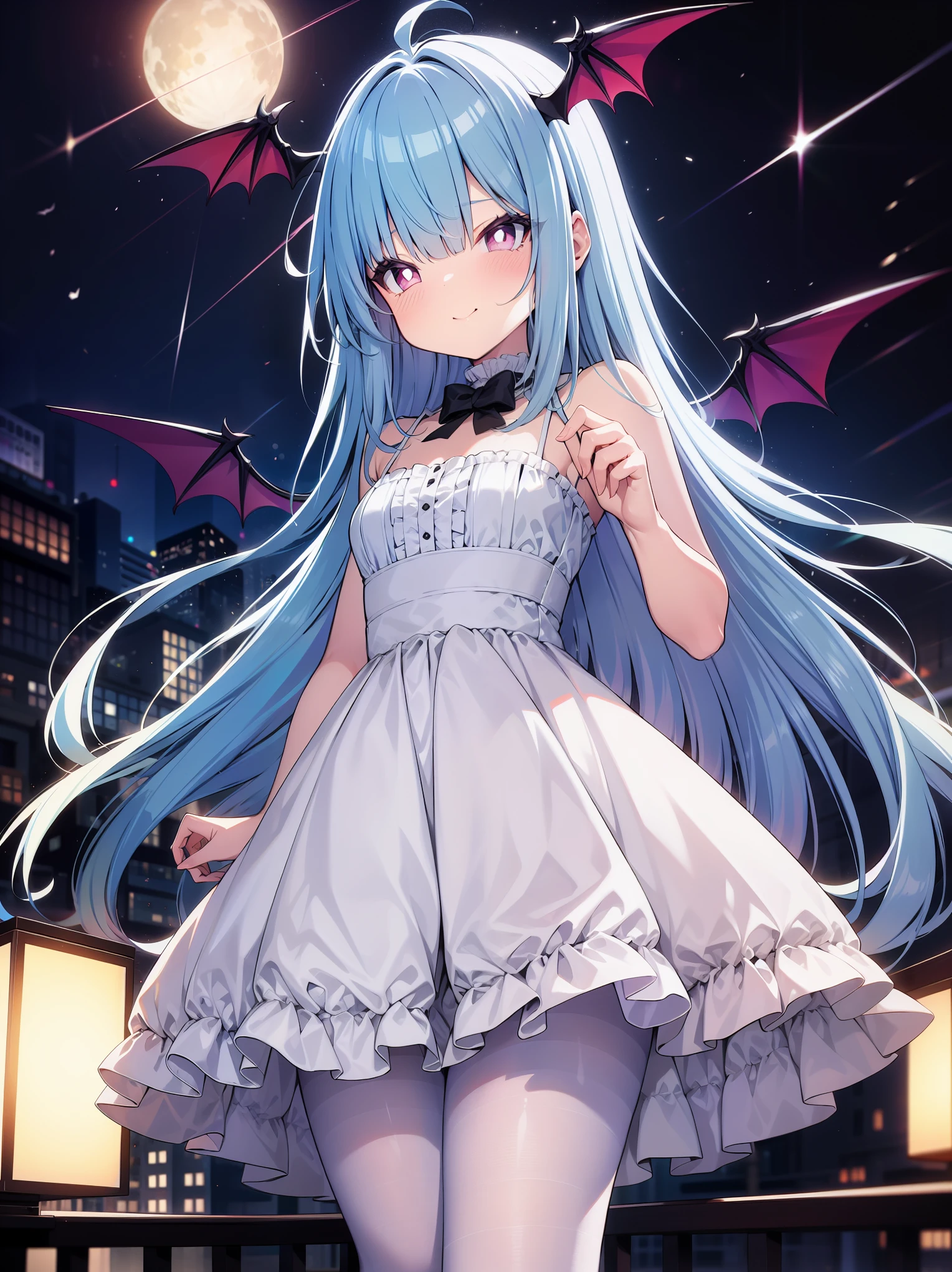 (medium full shot), (colorful), (ultra-high resolution, depth of field:1.2), 1woman, cute bat wings on the head, pink eyes, white pupils, light blue hair, bandages, SFW, small breasts, white sundress, long skirt, (pantyhose), gentle smile, harajuku scenery, night time