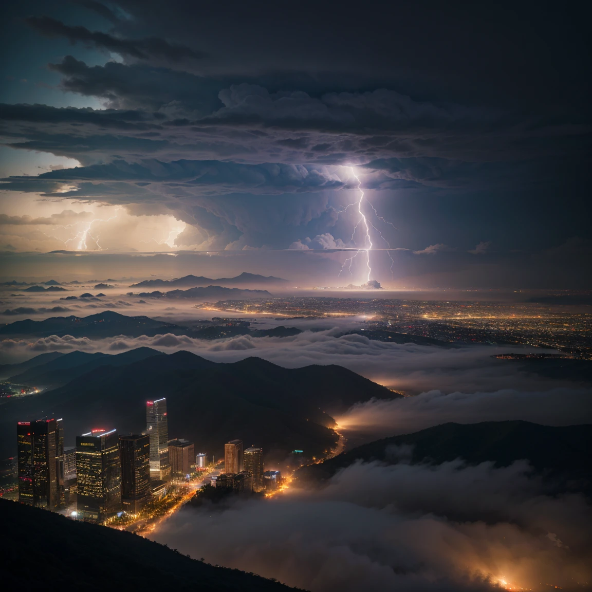 unrealistic, View from the airship cabin, Night view of skyscrapers, (Ultra-high resolution,8k),Fantasy, The world of picture books, (Highest quality), Super detailed, Outstanding Image, (Photorealistic), The fog rolls in, (Severe lightning strike), (Numerous fireballs)