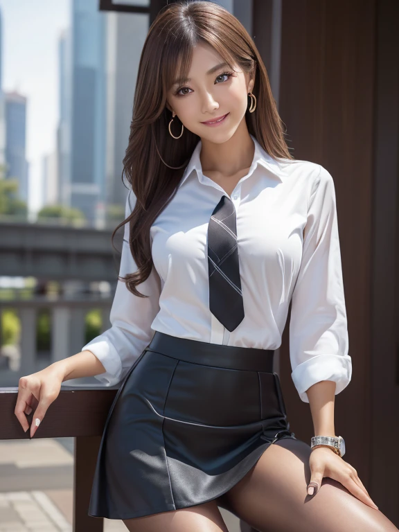 (1 Female), beautiful, Great face and eyes, compensate, (Very detailedbeautiful顔), A seductive smile, (Highest quality:1.4), (Very detailed), (Very detailed CG 統合 8k 壁紙), Very detailed, RAW Photos, Professional photography, (suit, mini skirt:1.2), (A business shirt with a wide open chest), (Close your legs),