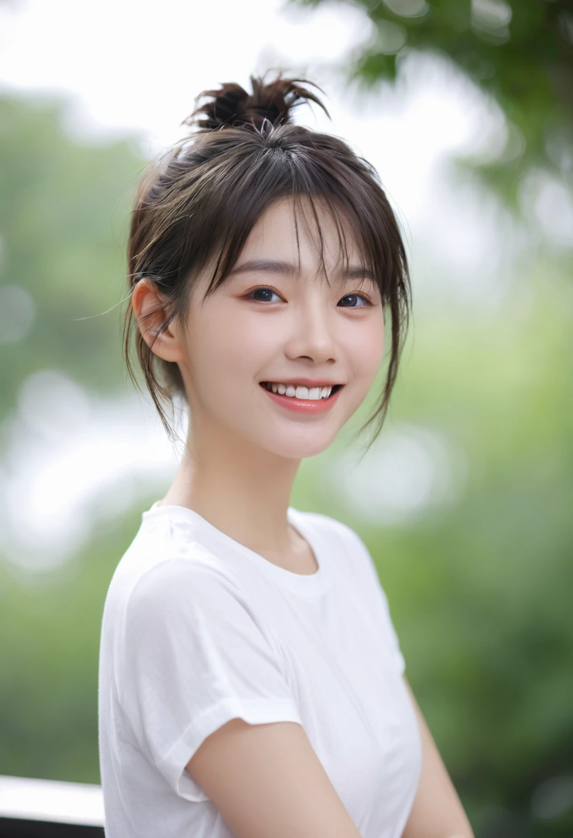 Highest quality, Realistic, 8k, High resolution, 1 girl, woman, (Skin dents), (Portraiture:0.6), Nice, ((White Background, White T-shirt, big 、Random Hairstyles、Looking at the audience, (1 girl eyes Looking at the audience:1.6), Realistic, (Bokeh), (A sloppy smile, Mouth closed:1.3), Nice, Facing the children_v1:1, とてもかわいい1 girl、18-year-old、short hair、Gray Hair、reduce hair volume、Green park background、Upper Body、(head shot:1.5)、Eyes focus、Collared shirt、Laughter、、(8k、RAW Photos、Highest quality、masterpiece:1.2)、(Realistic、Realistic:1.3)、Hmph、The depth of the written world、Wide Light、High Contrast、(Shine:1.4)、chromatic aberration、Sharp focus、Raw color photography、Cinema Lighting、8k解像度、