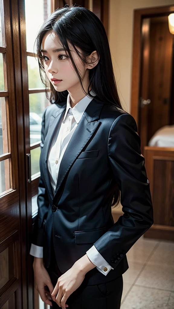 30 years old morden narrow jaw small nose thick eyebrows straight long black hair European girl in suit 