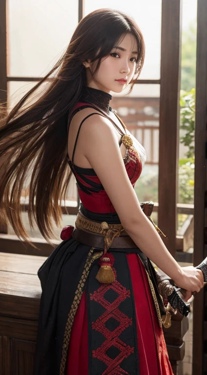 ２０Year、beautiful,、Cute Girls、Warrior、dragon tattoo on arm、Japanese sword(Blade length: 2 shaku 4 sun、The part with the picture is woven with red and black thread.、The tip is gold)、Draw your sword and prepare、Sharp eyes、enemy&#39;Blood is flowing to my cheeks、In the woods、Swordsman、Tattoo of a rose on the chest、blonde、short hair、Realistic Face、Swing your sword down、Delicate eyes、Laugh a little、Like a fight scene in a live-action movie、On the cheeks、enemyWarriorの返り血、