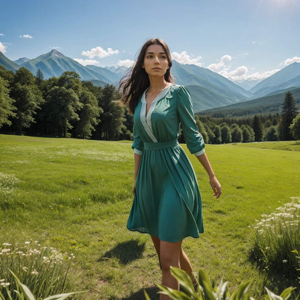 In a green meadow stands a girl leading a group of knights.
BREAK
With a brave expression, she guides them towards their destination.
BREAK
Behind her, a green forest stretches out and beyond that, mountains rise in the distance.
BREAK
The most suitable effect for this scene would be a watercolor painting technique to capture the softness of the meadow and the fluidity of the movement.