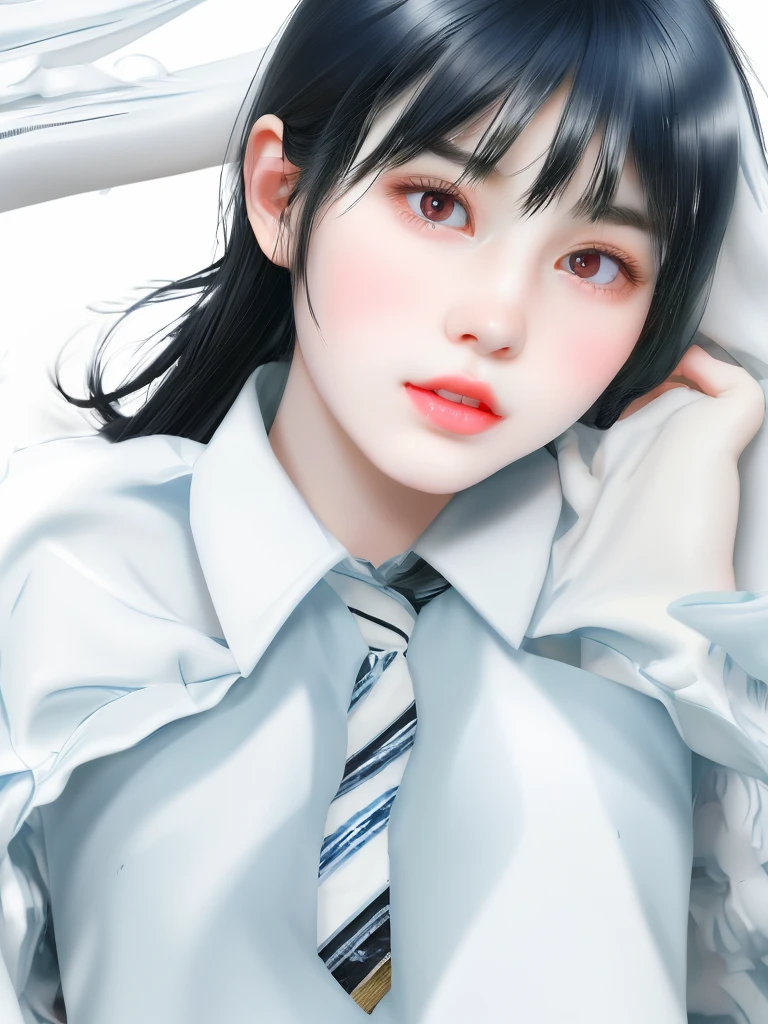 neat japanese girl age is teenager fetures of whole body black hair midium straight hair style small face dark blue pupils thin upper lip milky white skin