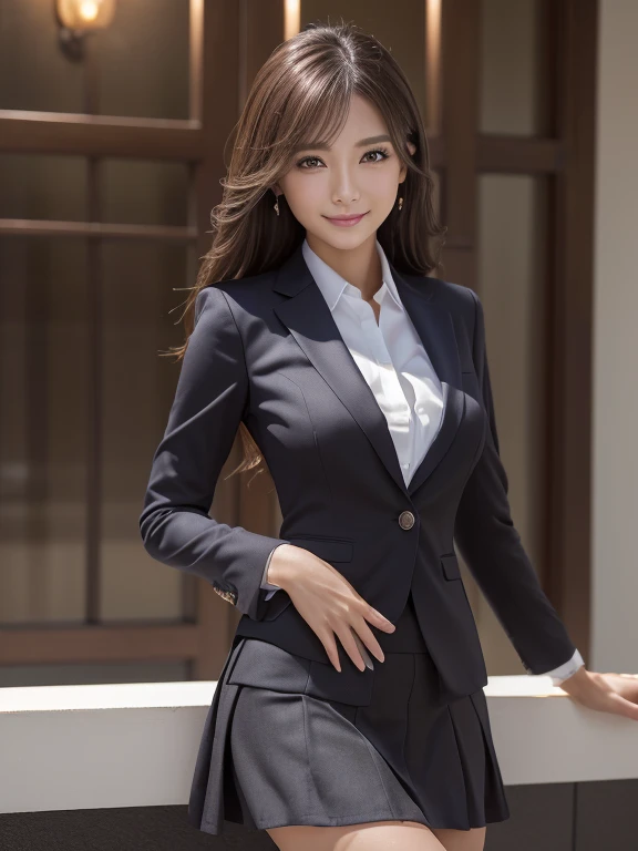 (1 Female), beautiful, Great face and eyes, compensate, (Very detailedbeautiful顔), A seductive smile, (Highest quality:1.4), (Very detailed), (Very detailed CG 統合 8k 壁紙), Very detailed, RAW Photos, Professional photography, (suit, mini skirt:1.2), (A business shirt with a wide open chest), (Close your legs),