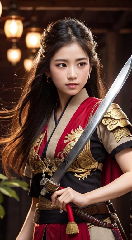 ２０Year、beautiful,、Cute Girls、Warrior、dragon tattoo on arm、Japanese sword(Blade length: 2 shaku 4 sun、The part with the picture is woven with red and black thread.、The tip is gold)、Draw your sword and prepare、Sharp eyes、enemy&#39;Blood is flowing to my cheeks、In the woods、Swordsman、Tattoo of a rose on the chest、blonde、short hair、Realistic Face、Swing your sword down、Delicate eyes、Laugh a little、Like a fight scene in a live-action movie、On the cheeks、enemyWarriorの返り血、