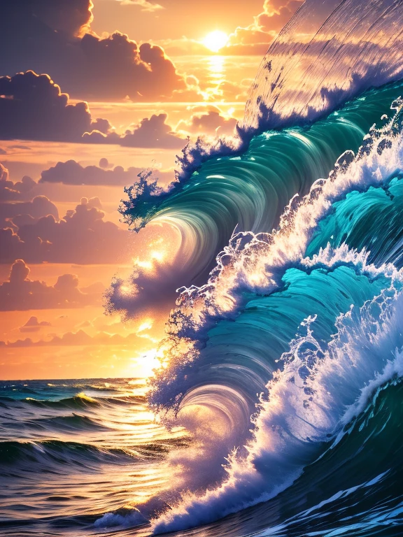 dancing sea, waves, storm, splashes of water, jazz sun, water transparent figures, aesthetics of water, dynamics, expression, high detail, high resolution, attention to all details