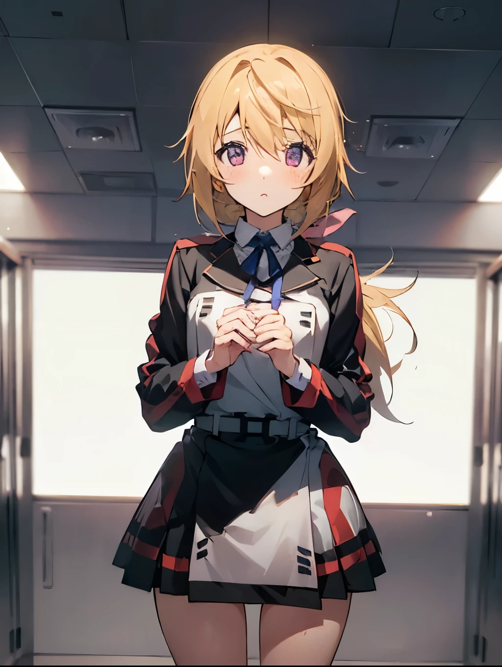 Browsing Caution,(One Girl:1.5),SD1、Charlotte Dunois、ponytail、uniform、skirt、Hair Ribbon、belt、Long sleeve,(Perfect hands),(Perfect Anatomy),(masterpiece),(Highest quality),Embarrassing,blush,locker room,locker