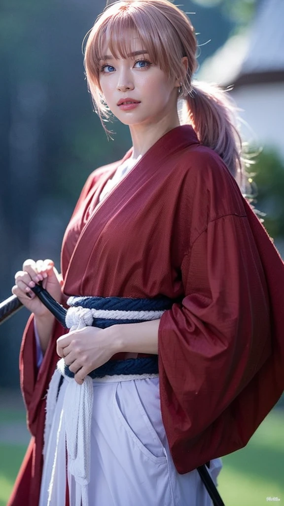 "Rurouni Kenshin",
Moment of enthusiasm, Bold,
Capturing the essence of her fiery determination and indomitable spirit,She explodes in rage,Strongly conveys the raw power of Kenshin's rage,Emphasis on the intensity of the scene,The woman is in a determined stance,
Action with a straight sword in hand,
Long hair, Ponytail, ((pink hair color)),(Red eyes:1.3),Bright red lipstick,
Katana,Holding a sword in hand,
Cross sign on left cheek,
High quality, Realistic,
20-year-old female,
She wears a red kimono with an intricate pattern,Paired with a white hakama,
The lighting is realistic, (Masterpiece+Top quality+High resolution+Very detailed), (Full body:1.2),Symmetrical,One cut,