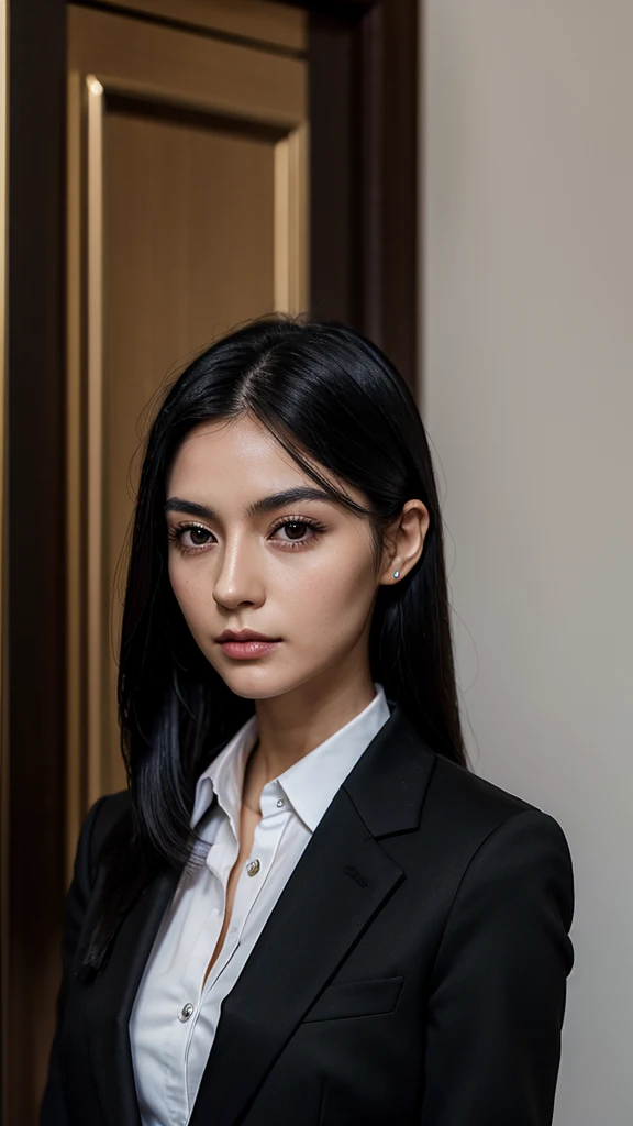 30 years old morden narrow jaw small nose thick eyebrows straight long black hair European girl in suit