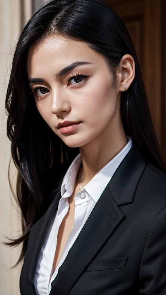 30 years old morden narrow jaw small nose thick eyebrows straight long black hair European girl in suit 