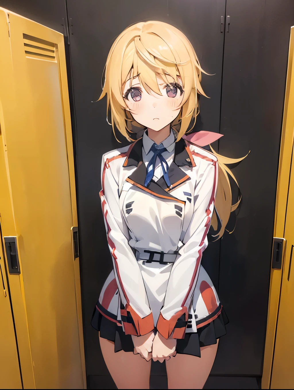 Browsing Caution,(One Girl:1.5),SD1、Charlotte Dunois、ponytail、uniform、skirt、Hair Ribbon、belt、Long sleeve,(Perfect hands),(Perfect Anatomy),(masterpiece),(Highest quality),Embarrassing,blush,locker room,locker