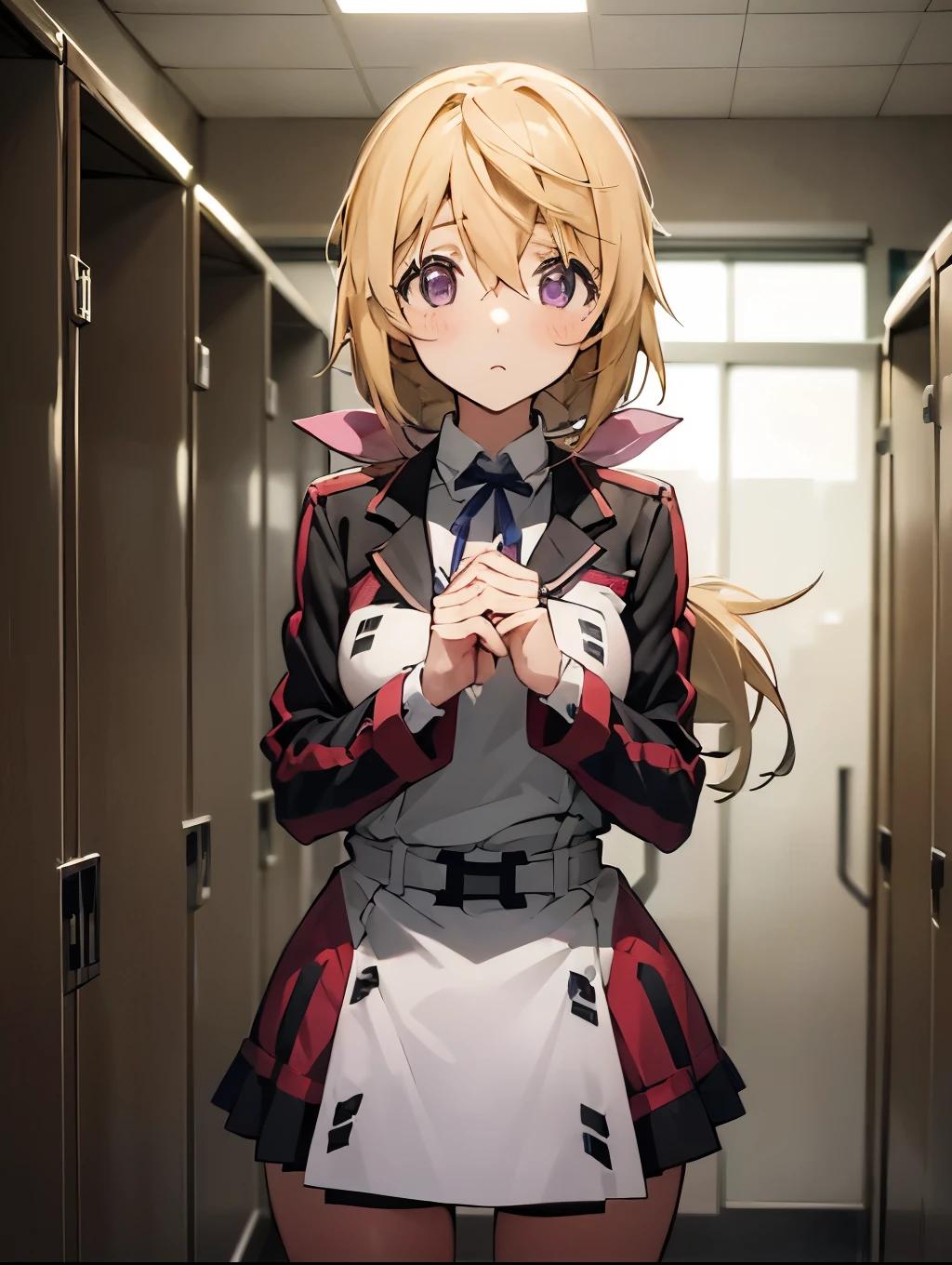 Browsing Caution,(One Girl:1.5),SD1、Charlotte Dunois、ponytail、uniform、skirt、Hair Ribbon、belt、Long sleeve,(Perfect hands),(Perfect Anatomy),(masterpiece),(Highest quality),Embarrassing,blush,locker room,locker