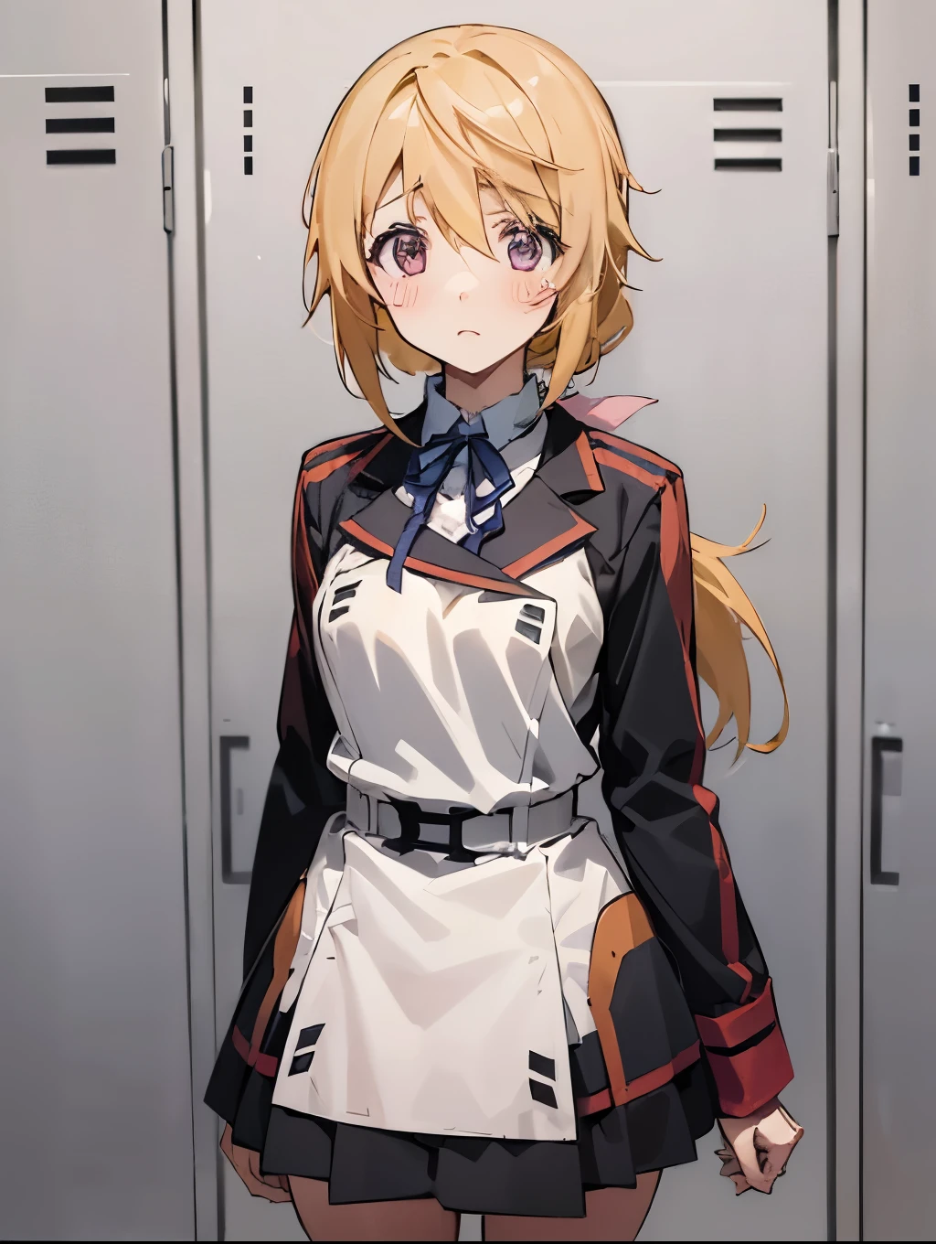 Browsing Caution,(One Girl:1.5),SD1、Charlotte Dunois、ponytail、uniform、skirt、Hair Ribbon、belt、Long sleeve,(Perfect hands),(Perfect Anatomy),(masterpiece),(Highest quality),Embarrassing,blush,locker room,locker