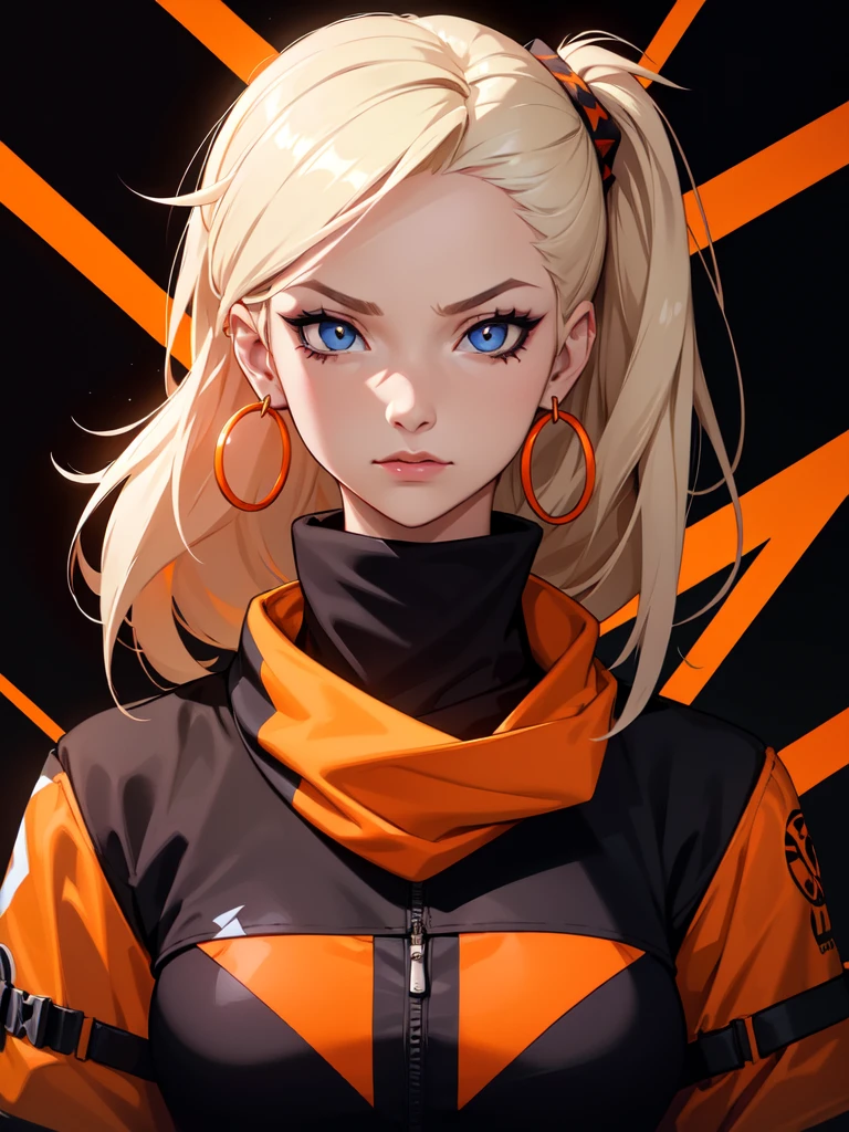 (((Portrait Photo))), She has the Appearance of a Bold and Street-smart Young Woman, with a Vibrant Energy that Draws People In. Her Long, Platinum Blonde Hair is Tied Back with a Bright Orange Bandana, Adding a Pop of Color to Her Urban Look. Her Eyes, Sharp and Watchful, Reflect a Mix of Determination and Rebellious Spirit. She is Dressed in a Casual Yet Striking Outfit, Featuring a Oversized Jacket with Bold Patterns, Paired with Large Hoop Earrings that Enhance Her Edgy Style. Her Expression is Confident and Unapologetic, With a Hint of Defiance in Her Eyes, Reflecting Her Fearless Attitude and Independent Nature. (((Dark Background))), (((Portrait Photo)))