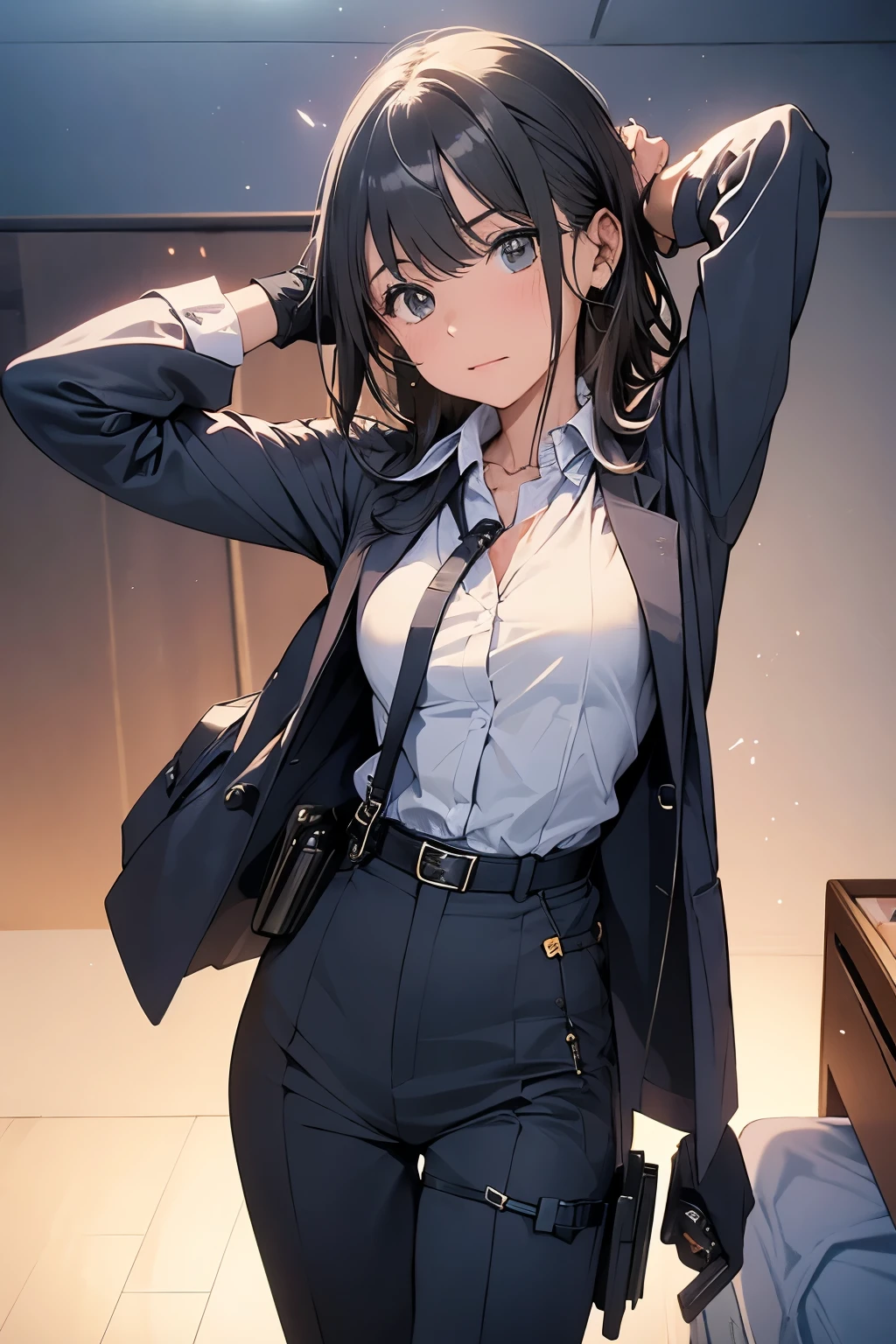 1 female, , high quality, masterpiece, Ultra-high resolution, , Cinema Lighting, , , And the suspenders with the cranes flying　　　Moderate breasts　 　 　　　　Small face　 　　　holster　　　　　　　 Lying in bed　Looking up　　　　Sweat 　　　belt　summer　脇Sweat 　Black Hole Gloves　suit　shirt　　Black jacket　 Black trousers　Leg Links　ズボンにbelt　　holster　 　　Hands behind your back　 Anxious expression　Looking up　Anxious face, legs apart　Armament　Handgun　handcuffs　Cable ties　レッグholster　holster　