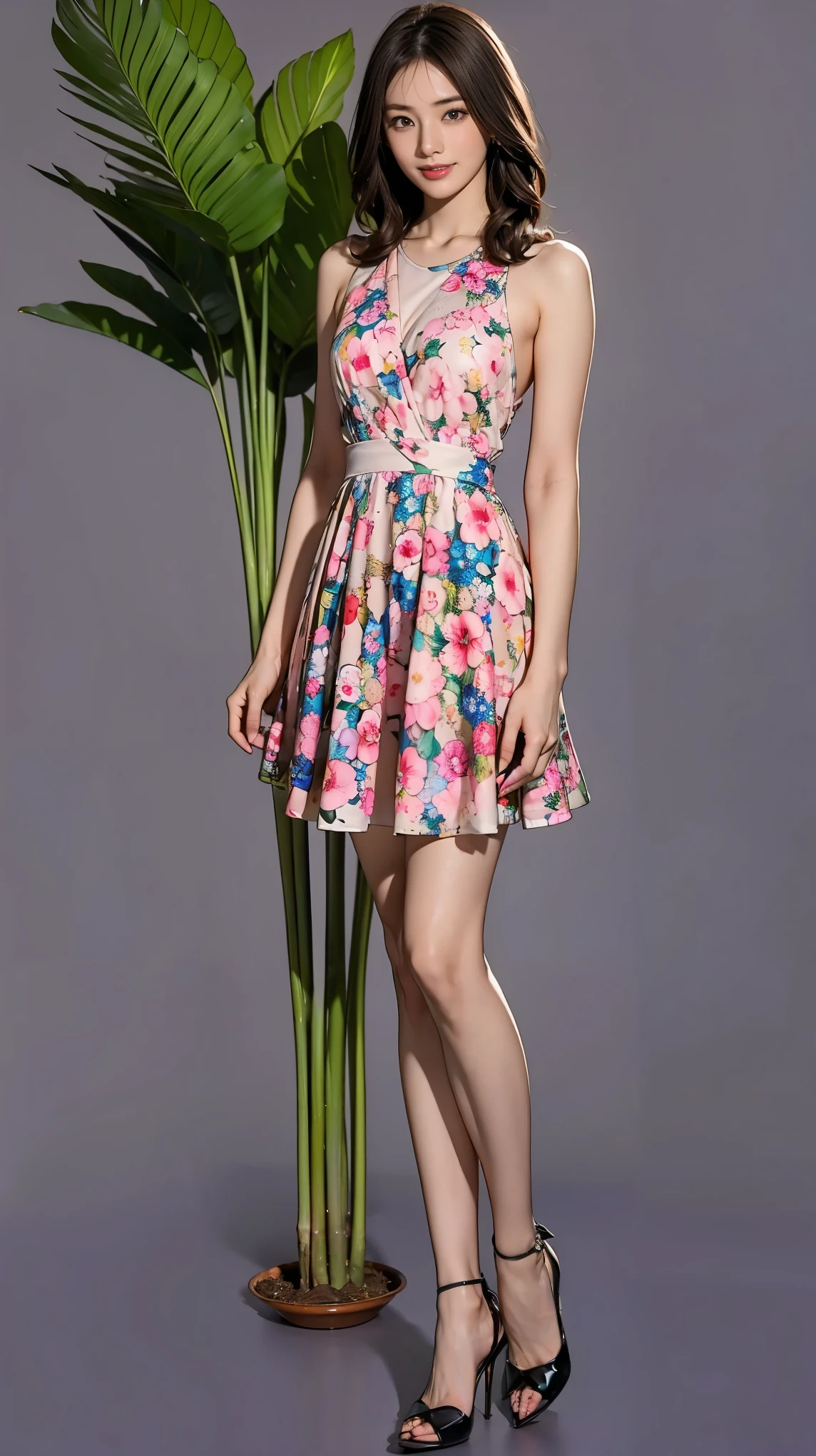 ((masterpiece)),(((Highest quality))),Character design sheet:1.5,Long legs,Slender figure:1.5,whole body:1.5,(One Girl:1.3),(Viewer Display:1.4),The best smile:1.5,(Pointy high heels:1.3),(Stand with legs apart:1.2),(Wearing a floral and plant print mini dress:1.2), Curly Hair:1.5,High waist:1.5,