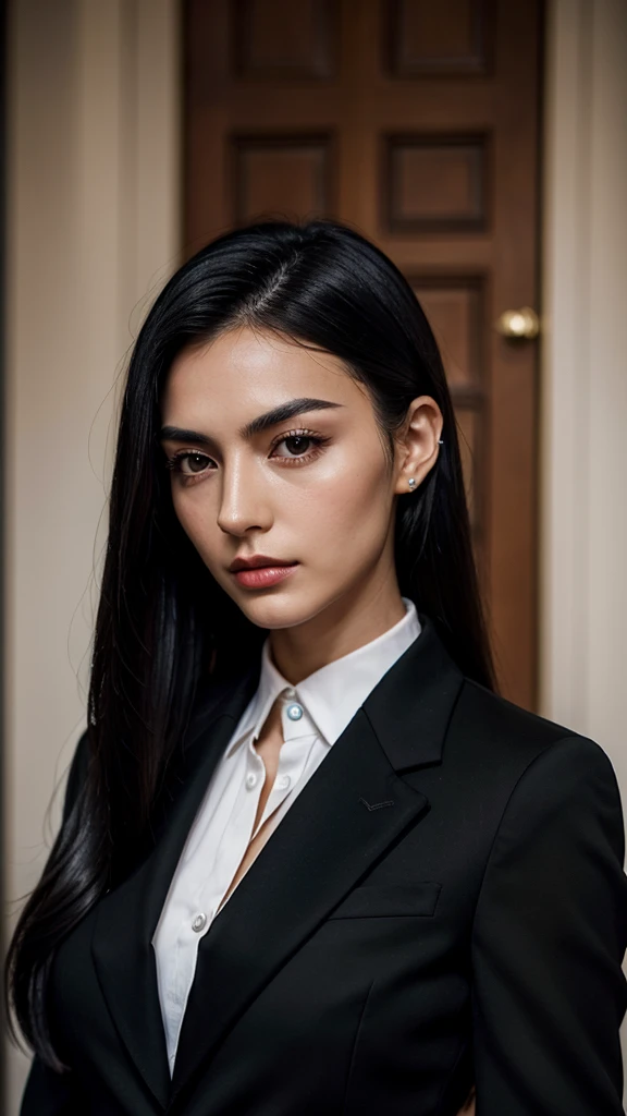 30 years old morden wide jaw sharp nose thick eyebrows straight long black hair European girl in suit
