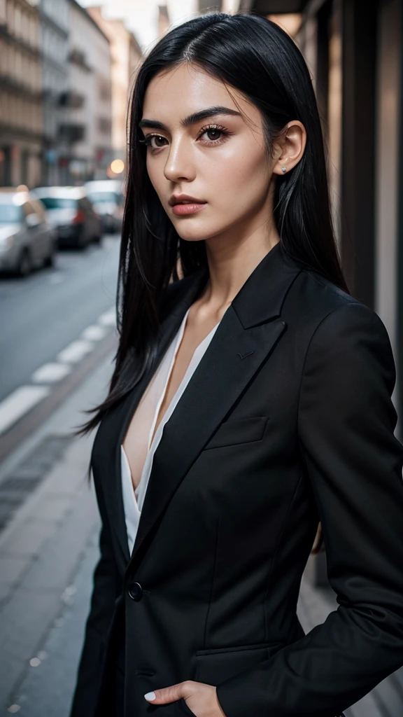 30 years old morden wide jaw sharp nose thick eyebrows straight long black hair European girl in suit